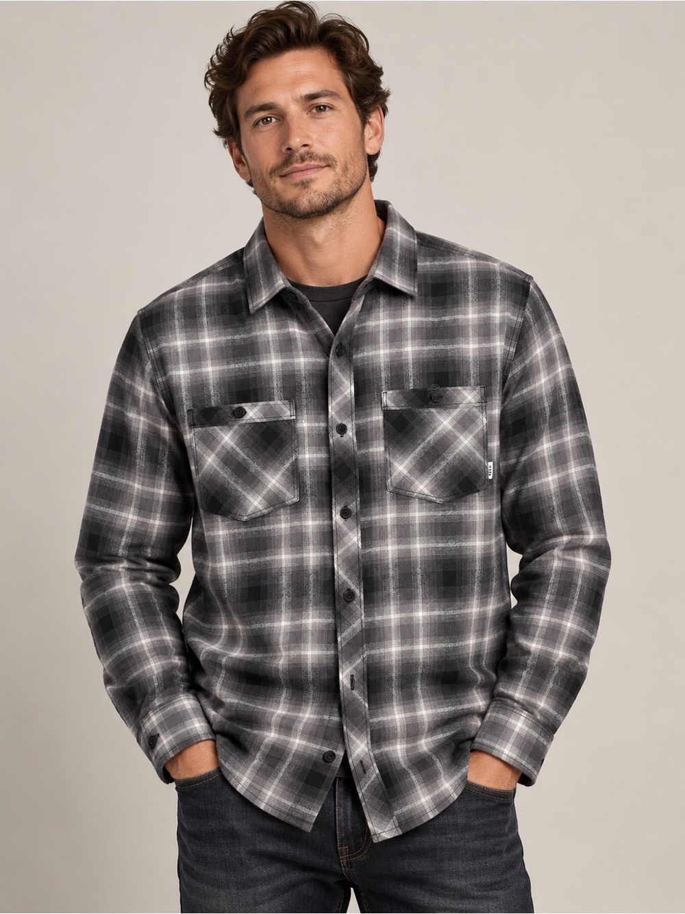 Reef Men's Black & Gray Plaid Button-Down Shirt L